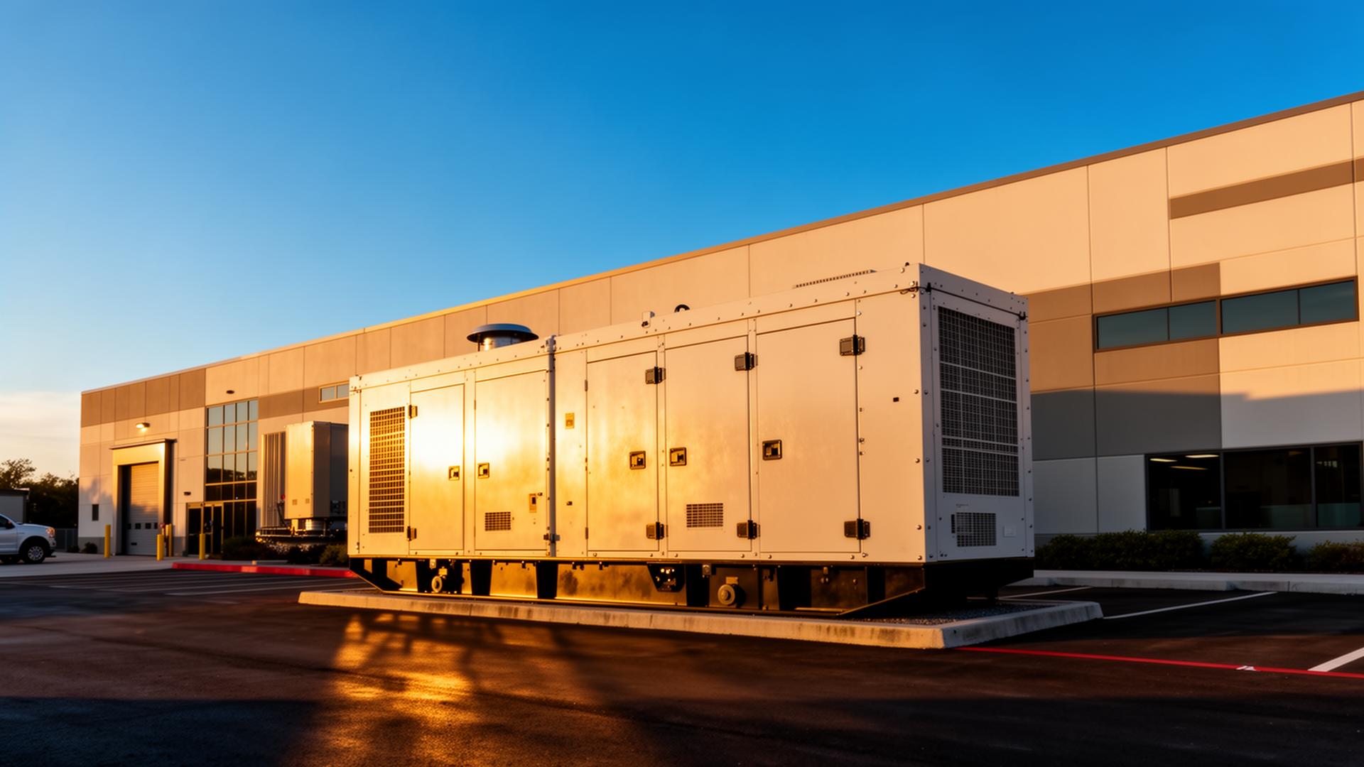 Industrial standby power generator outside a commercial facility