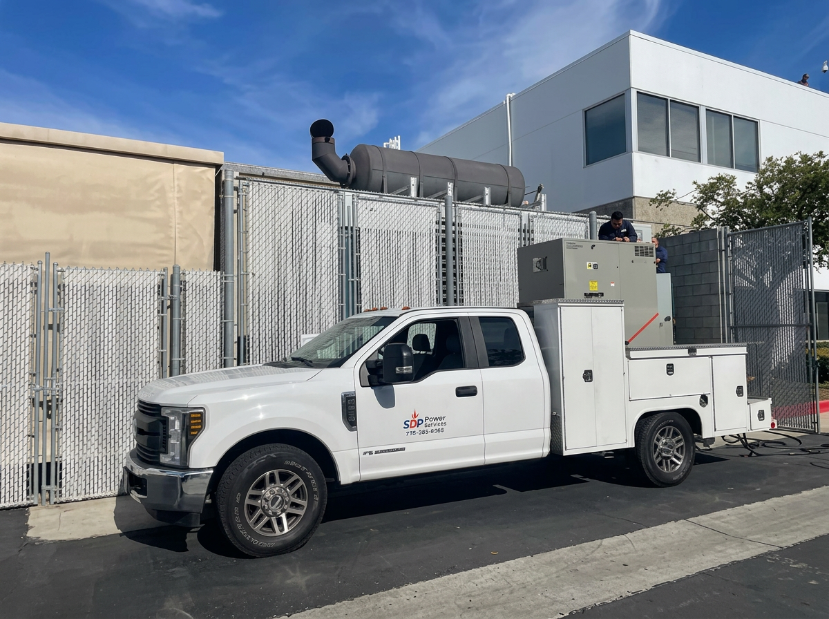 SDP Power service truck on site at a generator enclosure