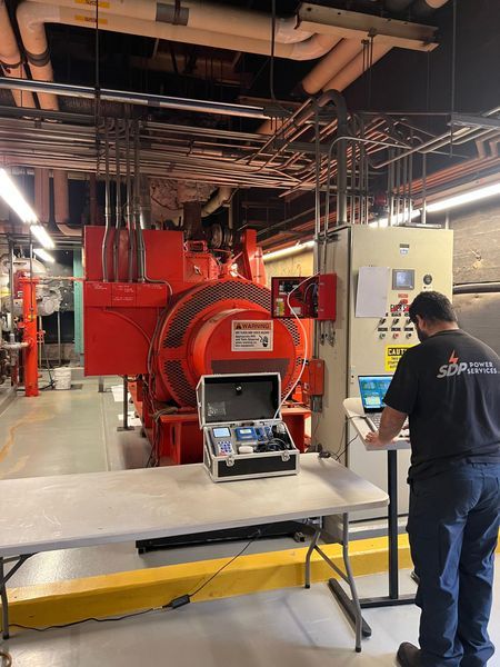 SDP technician on a laptop next to a generator